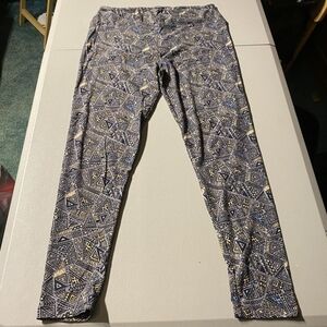 LuLaRoe Grey, Yellow, Blue Patterned Leggings Women's Tall & Curvy Plus Size EUC